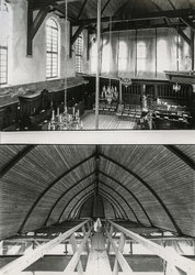 OVI-00001341 twee foto's interieur NHkerk tijdens restauratie; oa plafond